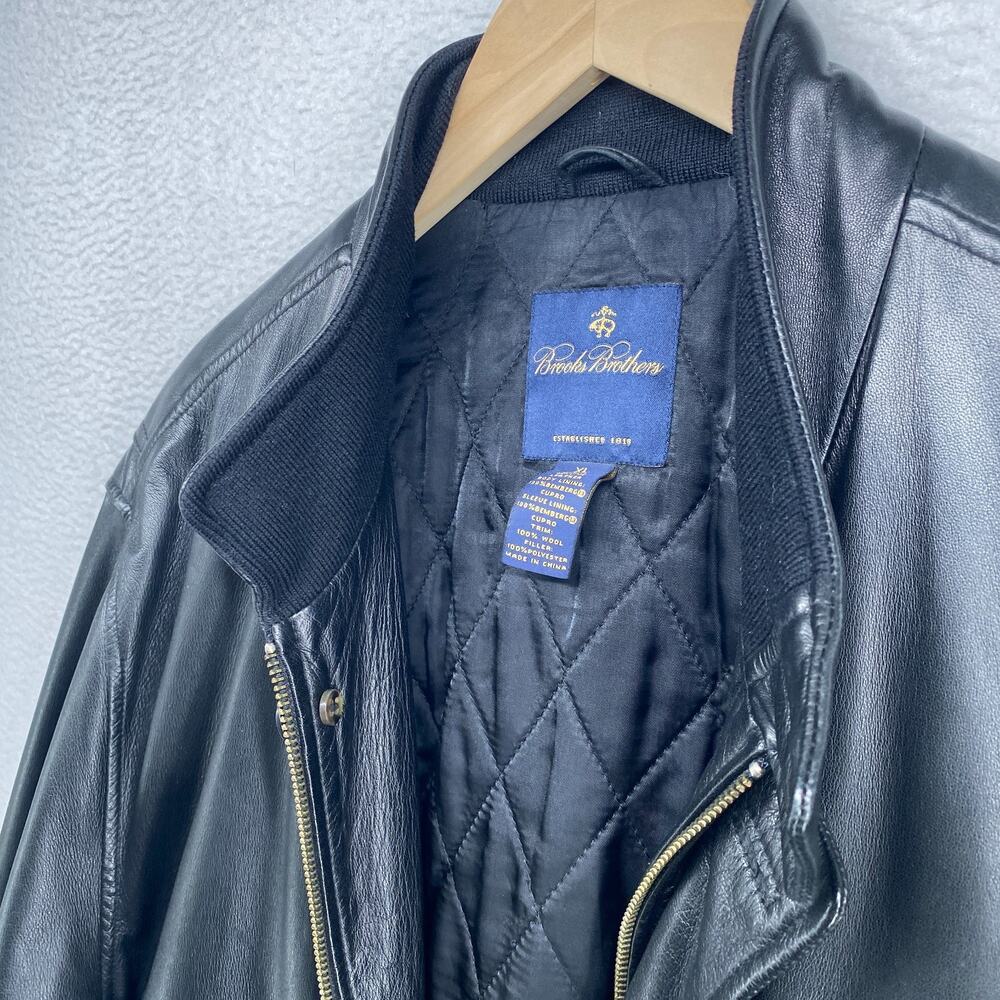 BROOKS BROTHERS Jacket Men XL Leather Motorcycle Bomber Quilted Super Soft Black - Picture 4 of 14